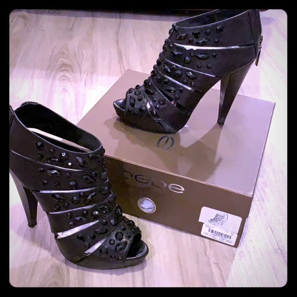 Bebe cage heels with black crystals